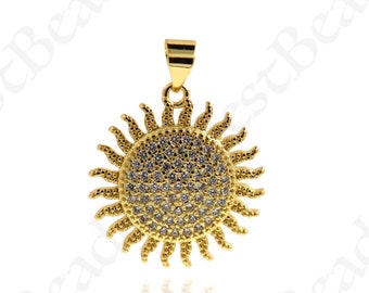 Colgante de sol de oro brillante, CZ Micro Pave Sunshine Necklace Charm para la fabricación de joyas personalizadas de 20 mm