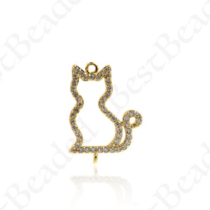 18K Gold Cute Cat Charm,CZ Pave Kitty Animal Pendant Link for DIY Personalized Jewelry Findings 21x15mm