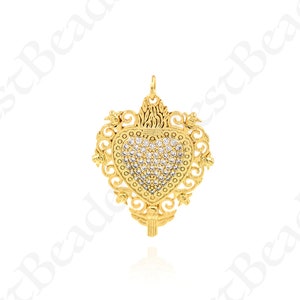 18K Gold Plated Zircon Heart Necklace Pendant, Love Charm, For DIY Jewelry Designs, 31x24mm