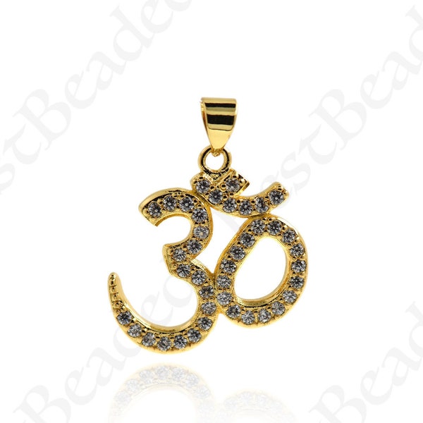 18k Gold Filled Om Charm,CZ Micro Pave Yoga Necklace Pendant,DIY Spiritual Jewelry Making Accessories 22x19.5mm