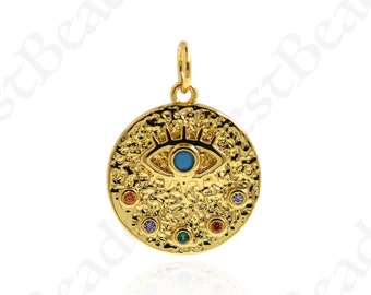 Hammered Evil Eye Necklace Pendant,18k Gold Filled Good Luck Charm for DIY Protective Jewelry Making 15mm