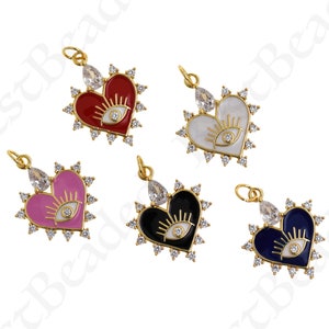 18K Gold Filled Heart Pendant, Enamel Charm, Micropavé CZ Eye Pendant, Eye Charm, DIY Jewelry Accessories