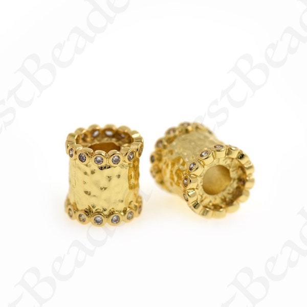 18K Gold Filled Large Hole Beads, Cylindrical Spacer Beads, Micropaved CZ Round Beads, DIY Jewelry Accessories