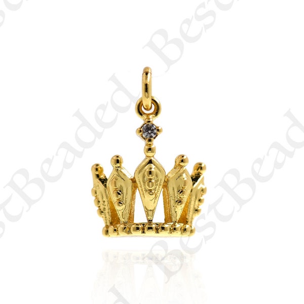 Pendentif King Crown rempli d’or 18k, CZ Pave Crown Charm pour bricolage Accessoires de bijoux 16x13mm
