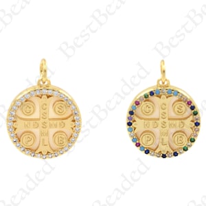 18k Gold Filled Saint Benedict Pendant,Cubic Religious Medallion Charm for Jewelry Making 16mm