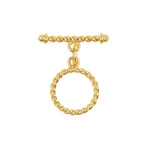May include: A gold-colored toggle clasp with a twisted rope design. The clasp features a horizontal bar with twisted detailing and a circular ring, also with a twisted rope design. The clasp is suspended from the bar by a small loop.