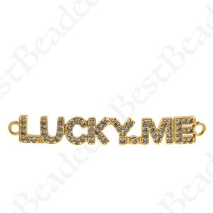 Cz micro pave lucky me conectores links, pingente de letra preenchida com ouro 18k para fazer joias originais diy 43,5x6mm