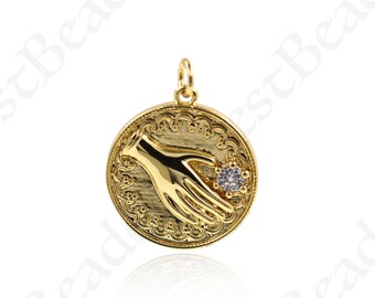 Runt Hamsa-handhänge, Elegant guldfärgad handmedaljongberlock, Minimalistiska smyckestillbehör 20 x 22 mm