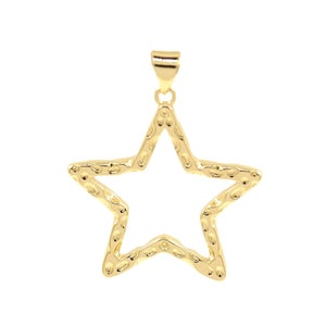 May include: Gold-toned star-shaped pendant with a textured surface. The pendant is hollow and has a loop at the top for attaching to a chain.