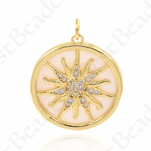 18k Gold Filled Sunburst Pendant,White Shell Pave Sun Necklace Charms,DIY Jewelry Accessories 22mm