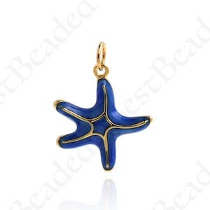 Blue Enamel Starfish Pendant,18k Gold Filled Cute Sea Life Animal Charm for Jewelry Making 19x17mm