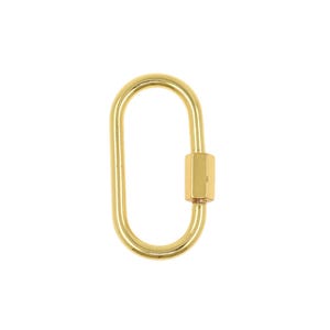 May include: A gold-colored oval-shaped carabiner clasp. The clasp has a screw-on closure on one end. The carabiner is a simple, yet elegant design.