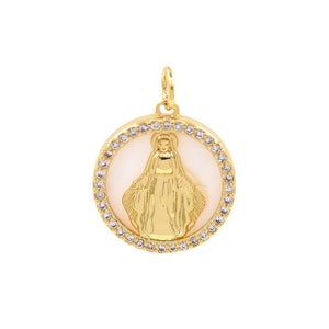 18K Gold Filled Faith Pendant, Virgin Mary Shell Pendant, Religious Jewelry, Pearl Shell Pendant, 16mm
