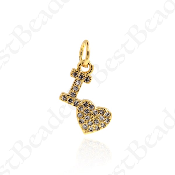 CZ Micro Pave I Heart Charm,18k Gold Filled Love Pendant for Simple Bracelet Earring Making Supplies 13.5x10.5mm