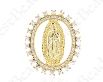 Dijes de medallón de la Virgen María rellenos de oro de 18 quilates, colgante de dama de Guadalupe con pavé de CZ para hacer joyas DIY 27x23mm