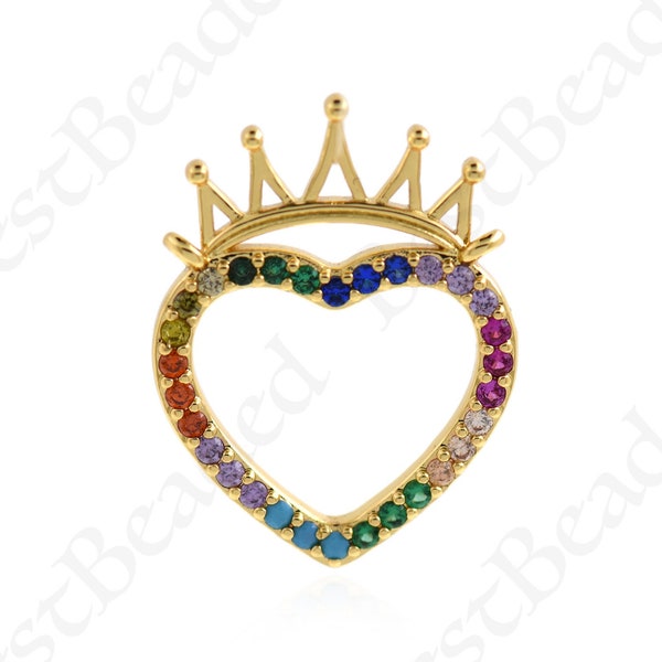 Dainty Gold Filled Queen of Heart Pendant,Colorful CZ Pave Heart Crown Necklace Charms,DIY Minimalist Jewelry Findings 22x17mm