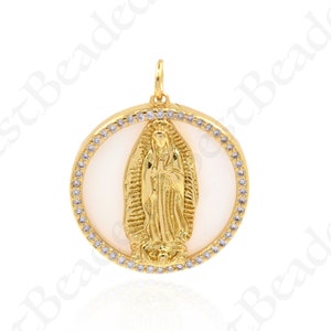 18k Gold Filled Virgin Mary Pendant,White Shell with Lady Guadalupe Charm for Necklace Bracelet 16mm