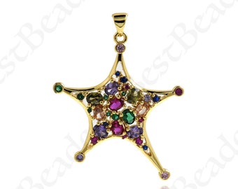 Multicolor CZ Pave Star Pendant,18k Gold Filled Lucky Star Charm,Minimalist Jewelry Findings 39.5x31mm