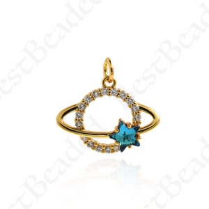18k Gold Filled Planet Charm,Crystal Star Paved Outer Space Pendant for Original Minimalist Jewelry Making 16x12mm