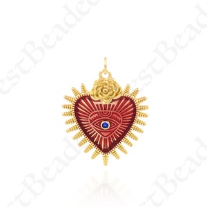 18K Filled Gold Enamel Heart Evil Eye Necklace Pendant, Evil Eye Charm, Rose Charm, Statement Jewelry, 31x25mm