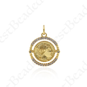 18K Gold Queen Elizabeth Pendant,Clear CZ Portrait Coin Charms,DIY Handmade Accessories 16x18mm