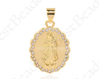 Medallón de la Virgen María de forma ovalada, colgante de Guadalupe con relleno de oro de 18 quilates para accesorios de fabricación de joyas, 22x16mm