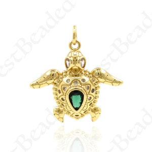 18k Gold Filled Sea Turtle Necklace Charms,CZ Pave Sea Animal Pendant for Personalized Jewelry Making 24x23mm