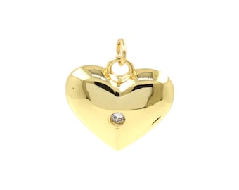 Shiny 18K Gold Filled Puffy Heart Pendant with CZ Accent for DIY Necklace, Bracelet, Earrings 20x19.6mm