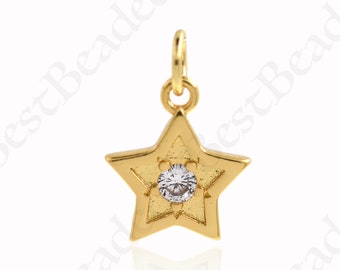 Brass Gold Plated Zircon Star Necklace Pendant, Star Charm, Celestial Jewelry, 13x11mm