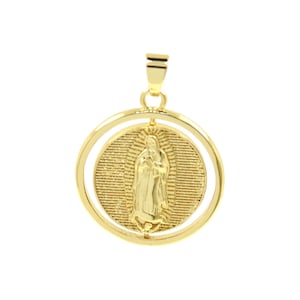 Gold Virgin Mary Medal Pendant With Dual Circle Frame In 18K Gold Filled For Catholic Jewelry Gift 25.5mm