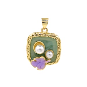 Elegant Square Green Enamel Pendant with Purple Leaf and Pearl Accents for Necklace Design 22.1x18.1mm