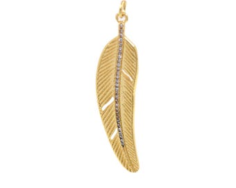 Long Feather Pendant in 18K Gold Filled with Sparkling CZ Line and Delicate Carved Details for DIY 12.1x49.3mm