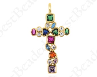 Dainty 18k Gold Filled Cross Pendant,Colorful CZ Pave Cross Charm,DIY Jewelry Supplies 32x18mm