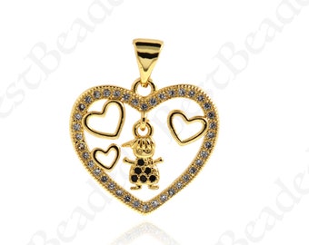 May include: Gold heart-shaped pendant with a small figure of a child inside and three smaller hearts around the figure. The pendant is decorated with clear cubic zirconia stones.