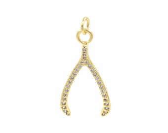 Stylish 18K Gold Filled CZ Wishbone Pendant for Custom Jewelry and Lucky Necklace 14.7x27.1mm
