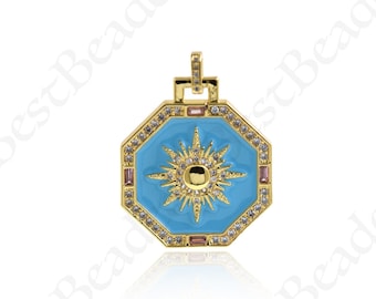 Enamel Hexagon Sun Moon Star Charm,Multi-style 18k Gold Hexagon Compass Pendant,DIY Minimalist Jewelry Making Findings 30x27mm