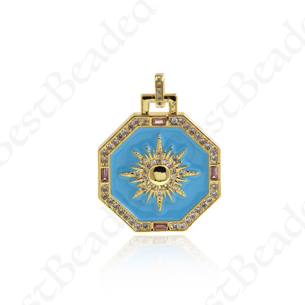 Enamel Hexagon Sun Moon Star Charm,Multi-style 18k Gold Hexagon Compass Pendant,DIY Minimalist Jewelry Making Findings 30x27mm