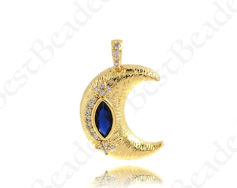 Brass Gold Plated Zircon Moon Necklace Pendant, Moon Charm, Celestial Jewelry, 23x15mm