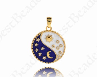 18K Filled Gold Enamel Round Sun Moon Star Pendant, Celestial Jewelry, 18mm