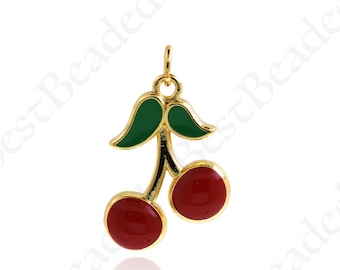 Cute Enamel Cherry Charm,18k Gold Filled Fruit Jewelry Accessory,Personalized Bracelet/Necklace Making Supplies 22x15mm