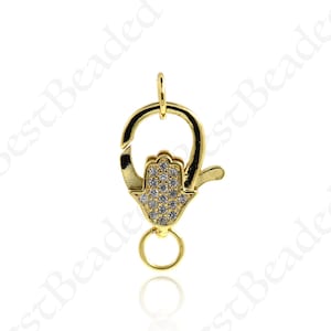 18k Gold Filled Hamsa Hand Lobster Clasp,CZ Micro Pave Lobster Claw with Jump Ring for Personalized Jewelry Making 19x14mm
