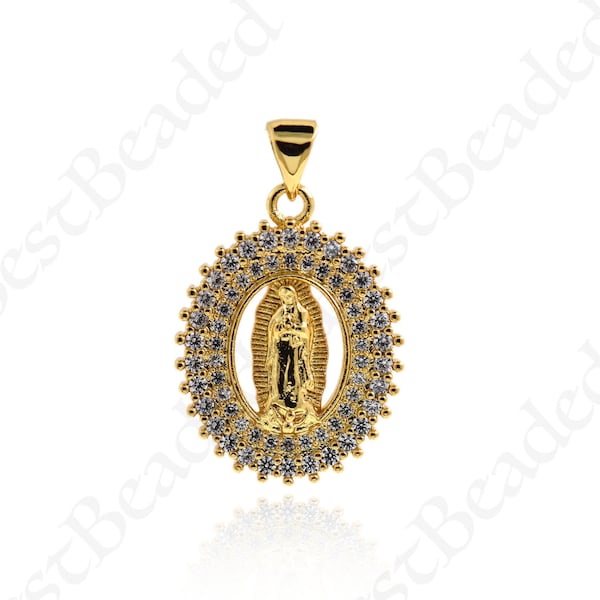 18K Gold Filled Virgin Mary Charm,CZ Micro Pave Oval Shape Lady Guadalupe Pendant,DIY Protective Jewelry Findings 23.5x18mm