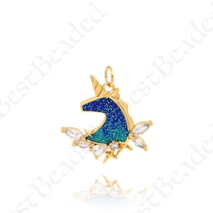 Delicate Brass and Diamond Enamel Unicorn Necklace Pendant, Unicorn Charm, Birthday Gift, 22x21mm