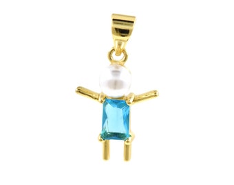 May include: Gold pendant charm featuring a stylized figure with a blue gemstone and a white pearl for a head.