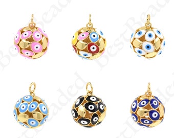 Colorful Enamel Round Evil Eye Necklace Charms,18k Gold Filled Ball Evil Eye Pendant,DIY Lucky Jewelry Supplies 15mm