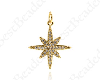 CZ Gold Plated Zircon North Star Charm for DIY Bracelet Necklace, 18x20mm