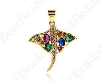 18k Gold Filled Manta Ray Charm,Multicolor CZ Pave Sea Life Pendant,DIY Bracelet/Necklace Jewelry Making 24x22.5mm