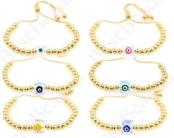 Adjustable Ball Bracelet for Women,18k Gold Filled Beaded Bracelet,Colorful Crystal Evil Eye Bracelet,DIY Jewelry Supplies 12.5cm