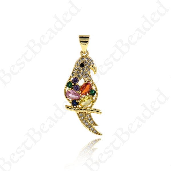 Multicolor CZ Pave Parrot Pendant,18k Gold Filled Cute Pet Charm,DIY Animal Jewelry Making Supplies 30x12mm