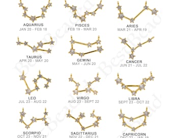 May include: Twelve gold zodiac constellation charms with clear crystal accents. Each charm features a different zodiac sign with its corresponding name and dates. The charms are arranged in three rows of four.